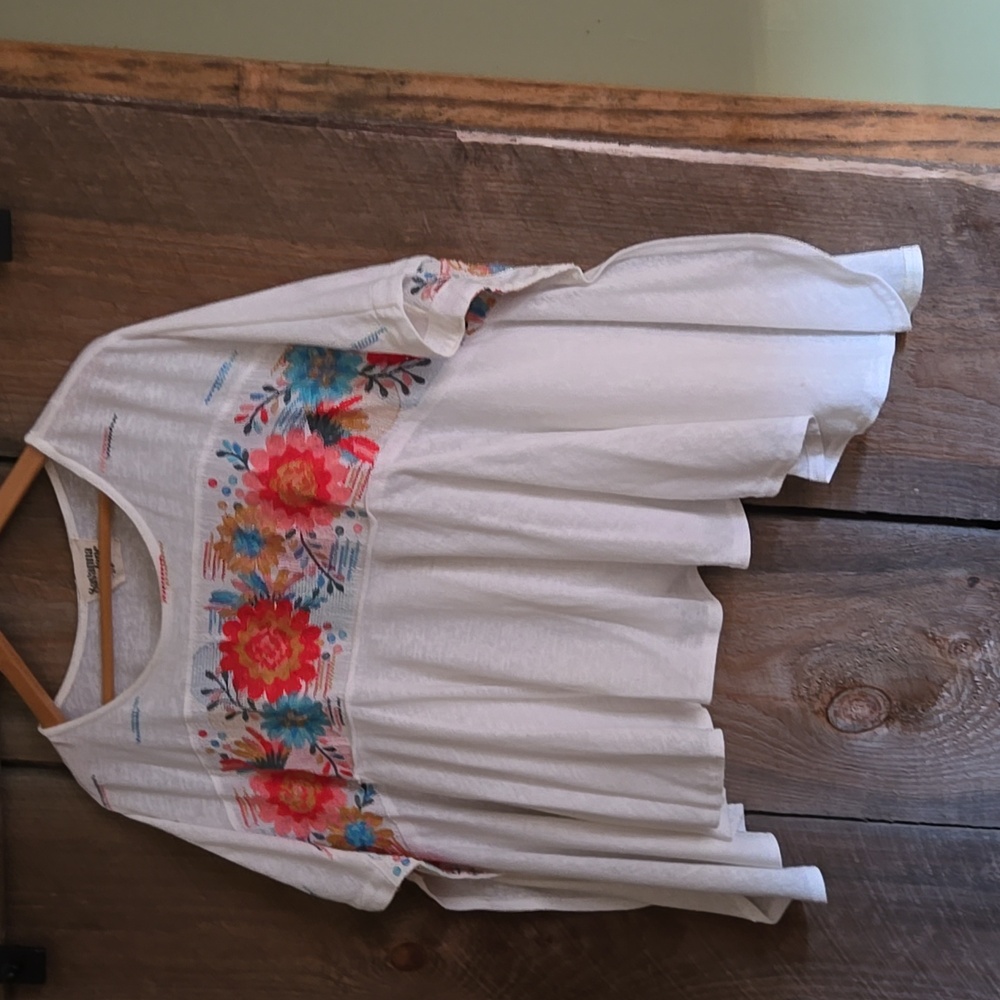 Johnny Was White Blouse with Colorful Floral Embroidery